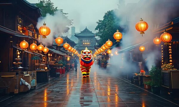 Vibrant Chinatown Restaurant Row Comes Alive at Dusk as Steam Rises from Traditional Street Food Stalls While Lion Dance Performers Bless New Businesses Among Local Vendors and Evening Diners