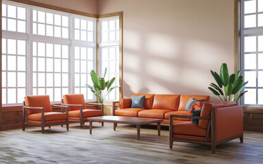 Fototapeta premium modern living room with a large orange sofa and two orange armchairs. The room has wooden , including a wooden coffee table and a bookshelf. There is a potted plant near the window