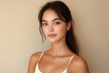 Beautiful young Asian woman with fresh skin in beige background showcasing beauty skincare and facial treatment