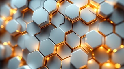 Geometric Abstract Design with Gold and White Hexagons in Minimalist Style 3D Background