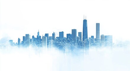 Fototapeta premium White background, blue gradient city skyline with digital data connections in the foreground, white and light gray color scheme, light blue theme, digital marketing style, simple background, cityscape