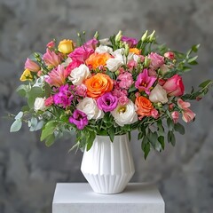 Bouquet of flowers in a vase on table indoors. High quality photo.
