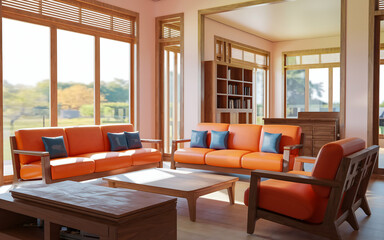Fototapeta premium modern living room with a large orange sofa and two orange armchairs. The room has wooden , including a wooden coffee table and a bookshelf. There is a potted plant near the window