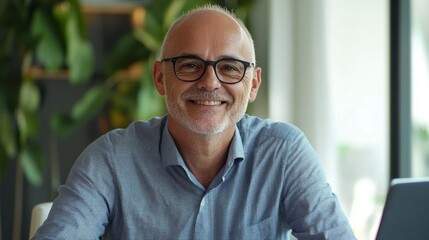 Fototapeta premium A cheerful middle aged professional sits confidently at his desk, surrounded by lush greenery and bright natural light