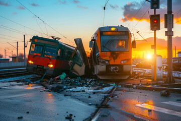 tram train between the bus accident after powerful blow disaster in the city