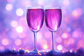 Glowing purple drinks in elegant glasses create festive atmosphere