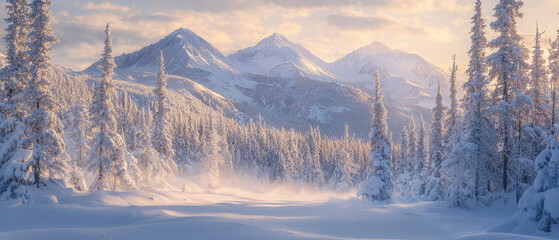 Obraz premium serene winter landscape featuring snow covered mountains and trees, evoking sense of tranquility and beauty