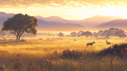 Naklejka premium Serengeti sunrise, two antelopes in golden savanna grassland, mountains in the background.