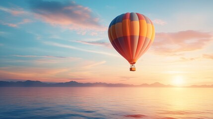 Fototapeta premium Airline ads travel concept. A colorful hot air balloon floats over a serene ocean at sunset, creating a breathtaking scene.
