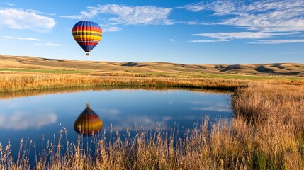 Obraz premium Airline ads travel concept. A vibrant hot air balloon floats above a tranquil pond surrounded by golden grasses under a clear blue sky.