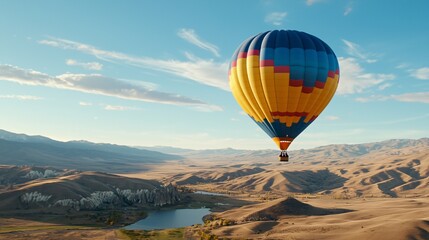 Obraz premium Airline ads travel concept. Colorful hot air balloon soaring over scenic landscape with hills and a serene lake under a clear sky.