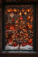 A cozy holiday window display with a decorated Christmas tree and snowflakes outside. The window is framed, Generative AI