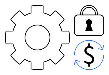 Gear cog, lock with keyhole, dollar sign with arrows. Ideal for finance automation, security, efficiency improvement, financial cycle, fintech process optimization and economic systems. Line
