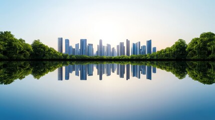 A serene urban skyline reflects in calm water, framed by lush greenery under a clear blue sky.