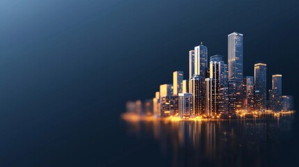 Fototapeta premium A vibrant, modern city skyline at night, illuminated by lights reflecting on the water, creating a serene and futuristic atmosphere.