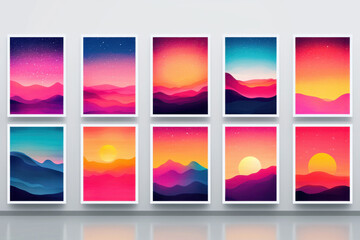 Obraz premium Vibrant landscape art featuring colorful mountain scenes and sunsets