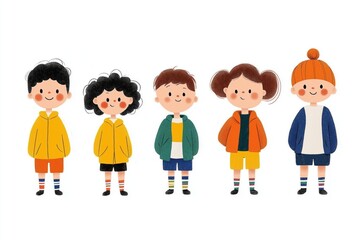 Whimsical cartoon children with colorful clothing, playful expressions stand in row. Diverse kids in various poses wear vibrant jackets, shorts. Children look happy, engaging. Illustration style