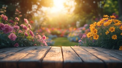 Summer Backyard Garden BBQ with Wooden Table and Vibrant Flowers in Sunlit Setting