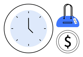 Clock face with black hands and a blue center, blue handbag with a price tag, and dollar sign coin. Ideal for business, finance, retail, shopping, time management, budgeting and financial education