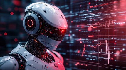 Futuristic Artificial Intelligence Robot Analyzing Stock Market Data in a Cyberpunk Style with Neon Colors