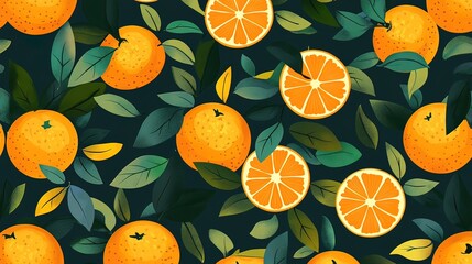 Seamless pattern of oranges and leaves on dark background.