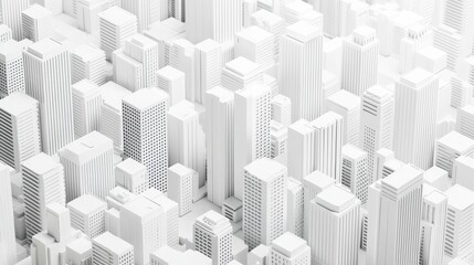 white high-rise buildings, tall houses at the edges, decreasing towards the center, diagonal composition, 