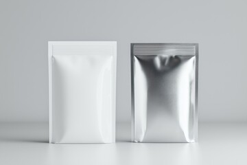 Blank white, silver stand up pouches for design mockups. Modern pouches ready for custom designs. Realistic 3D renderings on plain gray background. Ideal for food packaging cosmetic products.