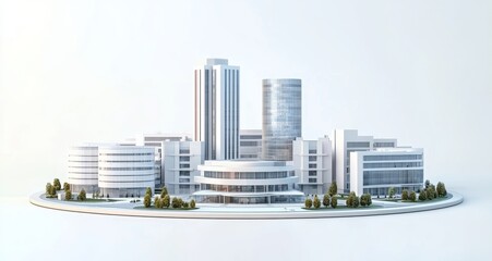 White background, city center with buildings and skyscrapers around it