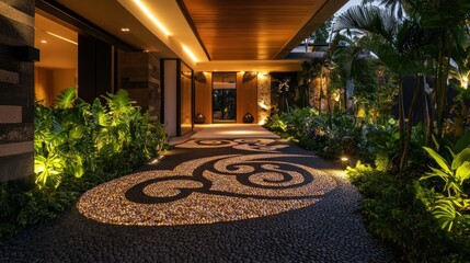 Obraz premium Luxurious home entrance with patterned pebble pathway, lush landscaping, and warm lighting at night.