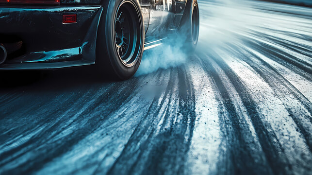 A close-up image of a drift car front wheel, showing the precision and control in mid-drift, with tire marks etched onto the asphalt. Drift. Illustration