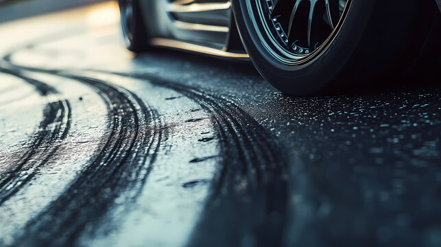 A close-up image of a drift car front wheel, showing the precision and control in mid-drift, with tire marks etched onto the asphalt. Drift. Illustration