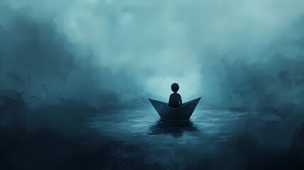 A small, sad-looking figure sits alone in a paper boat, adrift in a sea of darkness. Drift. Illustration