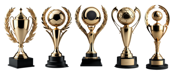 Set of trophy with football or circular laurel foliate isolate on transparent background, PNG file. 300dpi