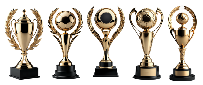 Set of trophy with football or circular laurel foliate isolate on transparent background, PNG file. 300dpi