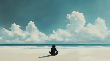 A solitary figure sits on a sandy beach, gazing out at the vast blue ocean. white clouds drift across the sky, creating a sense of calm and serenity. Drift. Illustration