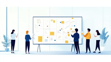 Obraz premium Software development team uses scrum board for project management. Team members collaborate around visual task board. Planning and discussion are in progress. Modern office setting is shown.