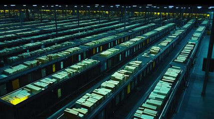 Fototapeta premium Mail sorting facility with automated machinery efficiently processing and organizing large volumes of mail, showcasing the importance of technology in modern logistics and postal services. 