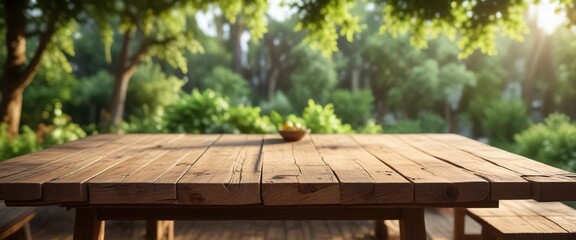 Naklejka premium Rustic wooden table set against blurred greenery and warm light, flare, decor, blur, light, rustic