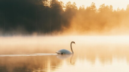 Fototapeta premium Serene Swan Swimming in Misty Sunrise Lake