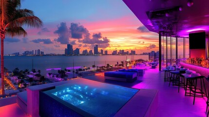New Year in Miami, rooftop clubs overlooking the ocean, energetic beats, and a tropical nightlife vibe