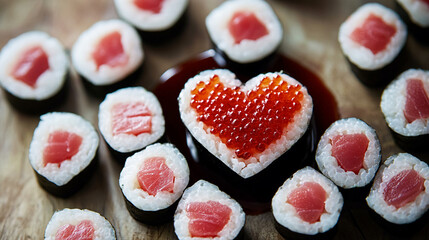 Creative sushi arrangement for Valentine's Day celebration with heart-shaped piece