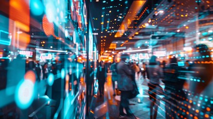 Blurred nighttime city street scene with colorful neon lights bustling crowds and a sense of energy and dynamism  Urban architecture commerce and transportation in a vibrant futuristic setting