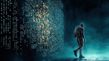 Obraz premium Illuminating binary code projection digital wall visual art urban environment perspective of a figure futuristic concept