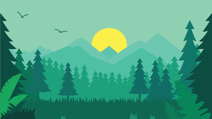 Flat Design Illustration of Green Pine Trees Mountain View in Jungle with Sun in the Sky