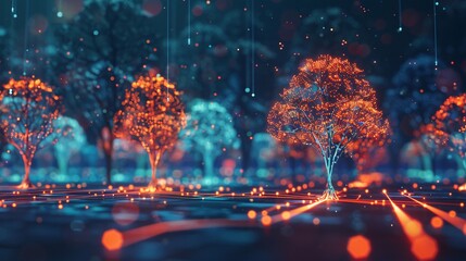 Enchanting glow of a snowy winter woodland at dusk with glimmering lights along a winding path through the serene atmospheric forest landscape