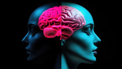 The human brain is highlighted in blue and pink, with the central part glowing red to symbolize activity or emotion. The head of an adult person appears on one side of it