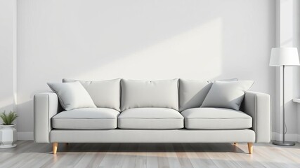 Mock up poster of Scandinavian minimalism living room with a comfortable grey sofa and soft cushions, 3D render illustration, comfortable, living room