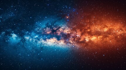 Stunning cosmic landscape with vibrant nebulae in blue and orange hues, speckled with countless stars.