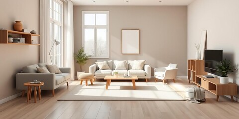 Fototapeta premium Modern and minimalist living room with white sofa and wood table on white blue wall and wood floor, spacious, cozy