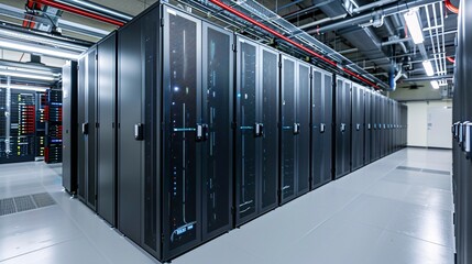 Rows of industrial server cabinets and network equipment in a high tech data center facility with cooling systems and power infrastructure